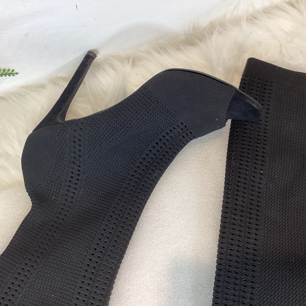 CAPE ROBBIN ELNORA THIGH HIGH STILETTO OPEN TOE BLACK WOVEN BOOTS SZ 8.5 - Picture 4 of 8